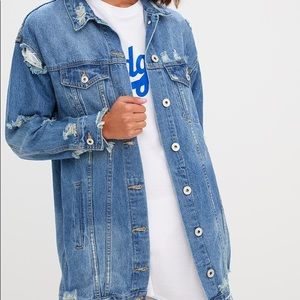 Mid Wash Longline Distressed Denim Jacket